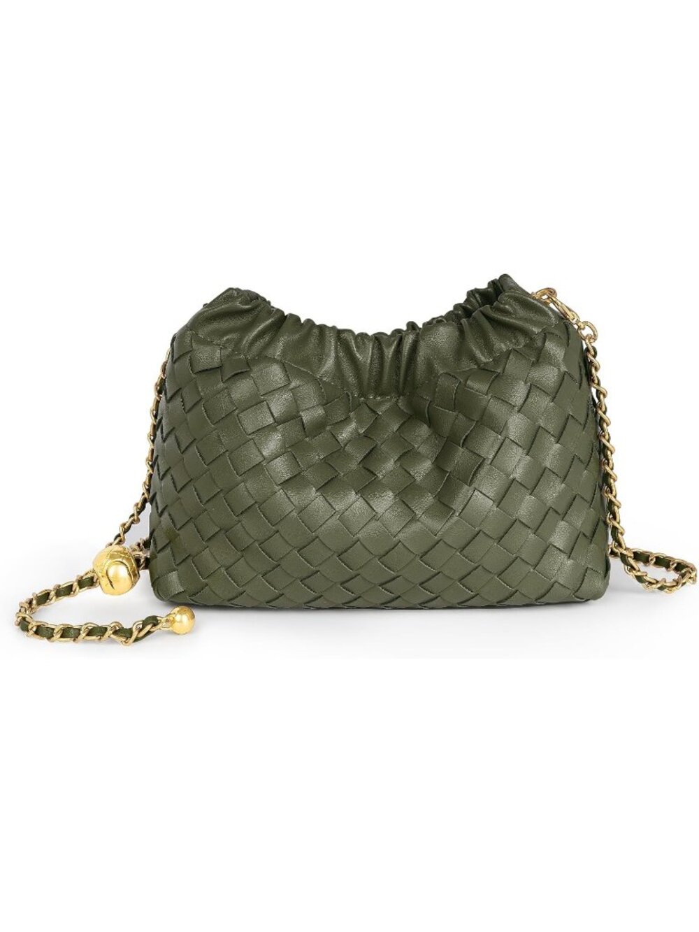 Women Olive Gold Woven Dumpling Clutch Purse Trendy Shoulder Crossbody Bag